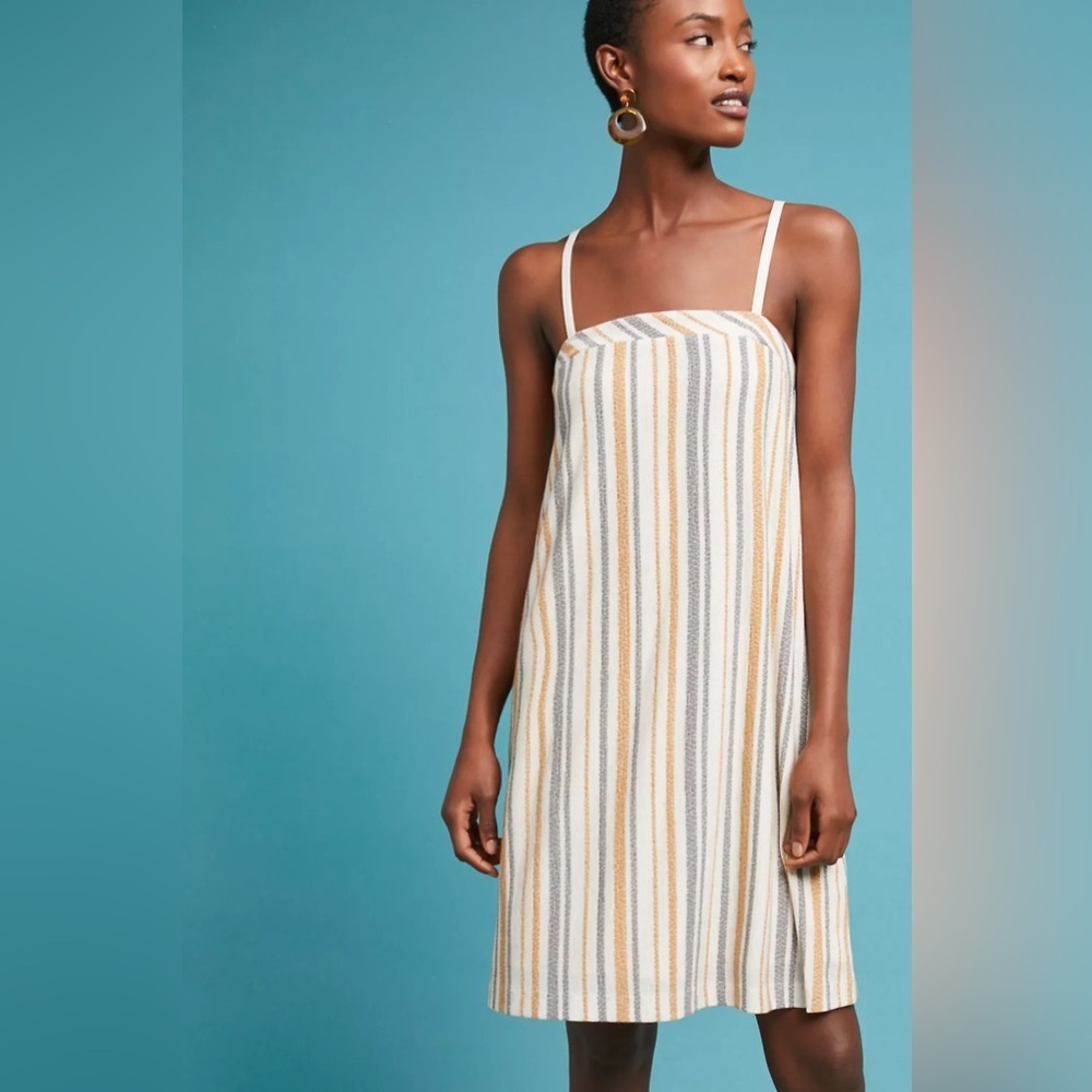 Anthropologie Metallic Stripe Sleeveless Shift A Line Square Neck Dress